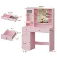 Coiffeuse moderne réglable avec miroir lumineux, en bois rose, plateau en verre, rangement pour bijoux et prises électriques