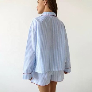 Pigiama da donna 100% cotone a maniche lunghe, completo estivo con <span class=keywords><strong>camicia</strong></span> a maniche lunghe e pantaloncini a righe. - Product Image 2