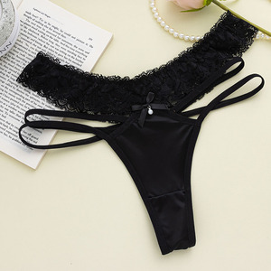 Culottes string noires en dentelle pour femmes, à bretelles croisées et nœud décoratif, taille basse, sexy, sous-vêtements T-back élégants pour dames - Product Image 1