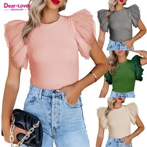 Dear-Lover Wholesale Summer Trendy Cute Dotty Mesh Sheer Ruffle Short Sleeve Women Fashion Ribbed Knitted Top