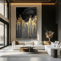 Peinture à l'huile abstraite noire et or de luxe, art mural minimaliste en feuille d'or pour maison moderne
