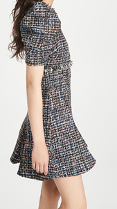 OEM nuovo abbigliamento moda da donna elegante <span class=keywords><strong>Tweed</strong></span> Casual maniche corte a sbuffo aderente Mini abito da donna con volant - Product Image 3