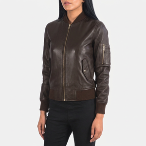 Veste bomber en cuir véritable pour femme - Poignets côtelés - Fermeture éclair sur le devant - Vêtement décontracté - Veste en cuir tendance pour femme - Product Image 1