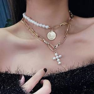 Vintage Pearl <b>Cross</b> Coin Pendant Necklace Women's Multi-layer Short <b>Chain</b> Gold White K Everyday Wear Geometric Design - Product Image 1