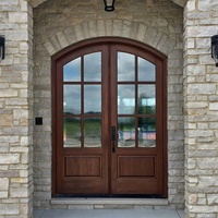 Porte d'entrée double en bois massif de style rustique américain avec poignée noire pour entrée principale de villa