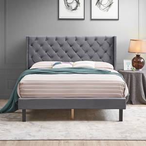 Modern <b>Convertible</b> Velvet Button Tufted Upholstered <b>Bed</b> with Wings Design-Strong Wood Slat Support-Easy Assembly-Gray - Product Image 2