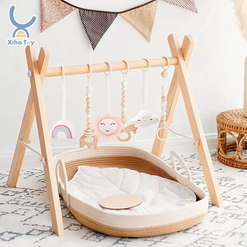 XIHA Wooden Montessori Foldable Baby Play Gym Padded Play Mat With Hanging Toys Play Baby Gym Activity Gym Center New Born Gift