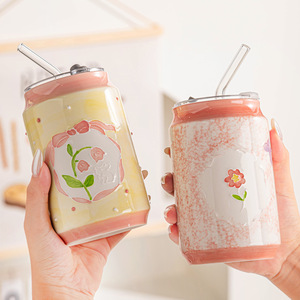 New Product Hand Painted Flower Ceramic Coffee Mug 500ml Can Shaped Ceramic Cups with Lid and Straw - Product Image 1
