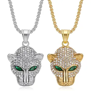 G2223 Wholesale Collar De Acero Inoxidable Hip Hop Stainless Steel With Green Eyes Leopard Head Men Fashion Jewelry Necklaces