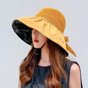 Sun Hat For Women Wide Brim Beige Breathable Sun Protection Outdoor Fishing Hat With Bow Solid Color Polyester Fabric - Product Image 3