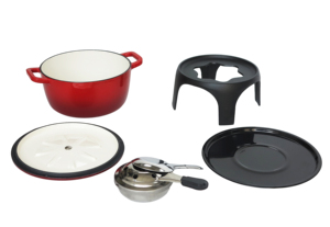 Cocotte en <span class=keywords><strong>fonte</strong></span> <span class=keywords><strong>émaillée</strong></span> rouge brillant avec pieds de support et trépied en <span class=keywords><strong>fonte</strong></span> pour brûleur - Product Image 4