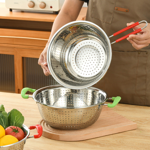 Bassin de cuisine <span class=keywords><strong>en</strong></span> acier inoxydable <span class=keywords><strong>Passoire</strong></span> à trous denses pour le lavage du riz et la vaisselle Panier binaural avec poignée - Product Image 5
