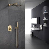 Système de douche mural encastré en laiton brossé doré, écologique et économe en eau, avec panneau de douche pluie