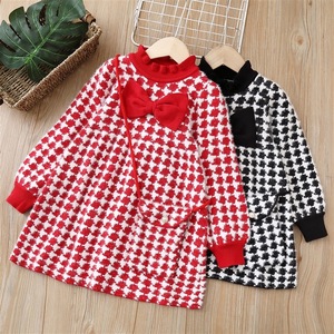 Abito Maglione per Bambine Vestito Lavorato a Maglia con Cintura Autunno e Inverno Nuovo Motivo Pied-de-Poule con Fiocco in Pizzo alla Moda - Product Image 3