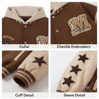 Blouson universitaire unisexe en mélange de laine marron, coupe-vent écologique, à capuche, col montant, avec broderie écusson lettre M en chenille et étoiles sur le devant