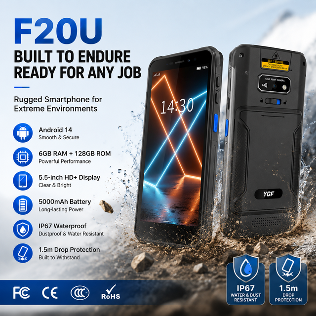 YGF F20U Handheld PDA Rugged Android 14 Terminal Corning III 5.5" Screen Octa-Core IP67 Detachable Battery Dual-Band WiFi Stock