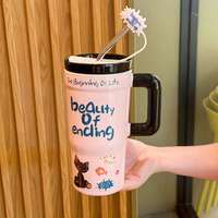 Mug de voyage en céramique à motif de dessin animé mignon pour femmes, grande capacité, avec couvercle et poignée, compatible micro-ondes, résistant aux hautes températures