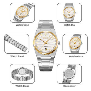นาฬิกาข้อมือผู้ชาย ดีไซน์เรียบหรู ตัวเรือนโลหะผสม หน้าปัดมีลวดลาย สีทอง สายสแตนเลส กันน้ำ 3ATM ระบบควอตซ์  รับสลักโลโก้ - Product Image 4