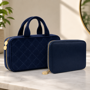 <b>Navy</b> Embossed Velvet Polyester Hanging for Organizer Zippered Mesh Compartments Metal Hook Handles for Travel Carry-On Use - Product Image 5