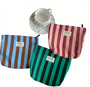 Bolsa de Cosméticos Portátil Personalizada con Rayas, Bolsa de Aseo Grande de Lona de Algodón Ecológica, Bolsa de Maquillaje - Product Image 1