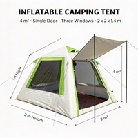 Tente de camping gonflable d'extérieur robuste en PVC 0,52 mm, 2x2 m, avec une porte, trois fenêtres, résistante au vent, avec auvent avant