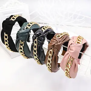 Top Selling Women Fashion Chain Decorated Hair Accessories Adult Lady Hairbands PU Covered Knotted Headbands for Mexico