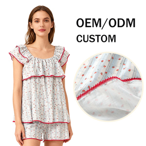 Vêtements de nuit pour femmes Chemise de nuit en <span class=keywords><strong>gaze</strong></span> <span class=keywords><strong>double</strong></span> couche avec col dos nu Style rustique et mancherons Adorable ensemble de vêtements de détente - Product Image 1