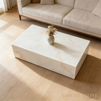 Table basse rectangulaire en marbre blanc naturel de luxe Cammy Stone, à socle bas, écologique, pour salon, appartement, cuisine