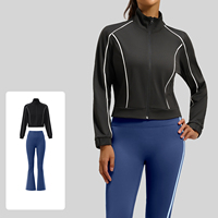 RUIQUWIN Grosir Set Yoga Wanita 2 Potong Jaket Kerah Tegak Lengan Panjang Celana Olahraga High Stretch Model Flare untuk Fitness dan Lari