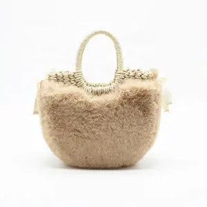 2024 Fashion new handmade straw basket handbag with faux fur body winter use to prepare women straw tote gift bag