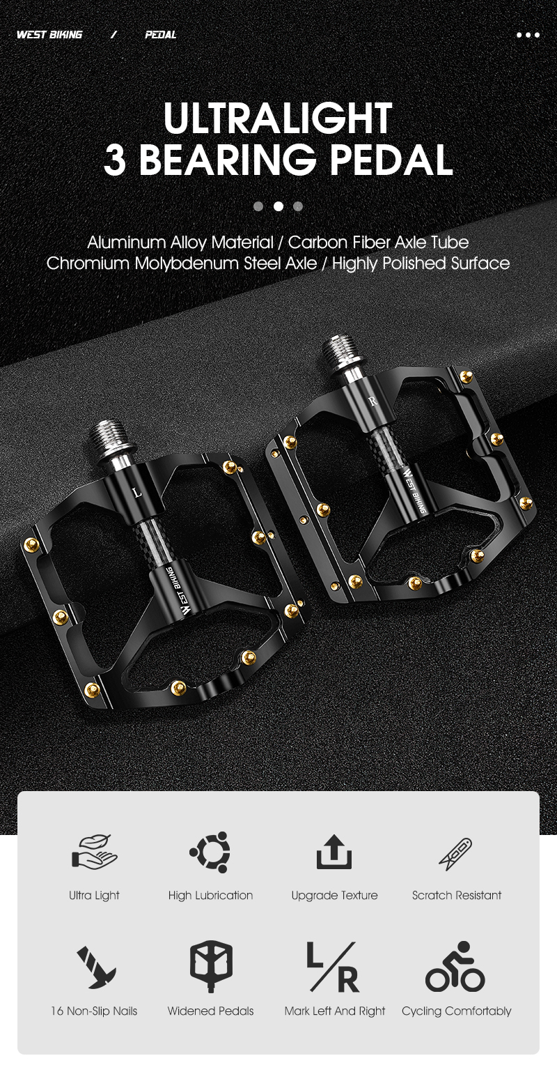 WEST BIKING-軽量アルミニウム合金バイク,3ベアリング アルミニウム合金マウンテンバイクペダル ワイドフラットサイクリング