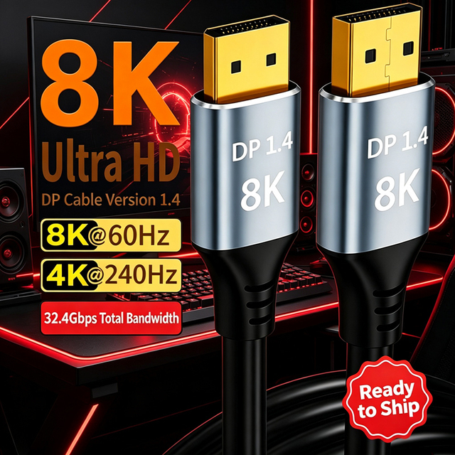 8k Dp Cable 1.4 Dp to Dp Male to Male 32.4gbps 8k 60hz 4k 144hz 2k 240hz Hdr Gold Plated for Gaming Monitor Pc