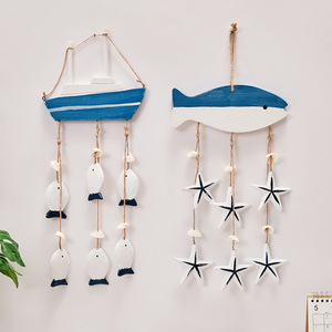 Carillon éolien en bois de style méditerranéen, ornement mural avec décor de poissons et d'étoiles de mer, ensemble de plusieurs pièces pour la décoration de la maison - Product Image 1