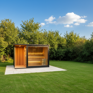 Sauna extérieur de luxe moderne en bois massif avec poêle électrique et douche vapeur humide - Product Image 1