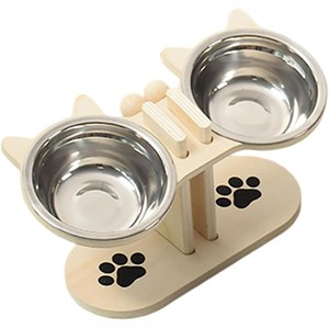 Comedero doble de madera para gatos con soporte, protector de cuello de acero inoxidable, soporte para cuencos de comida para mascotas, comedero para gatos, antideslizante - Product Image 1