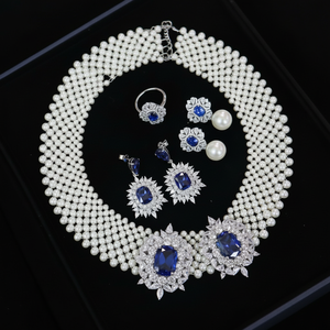 Juego de Joyería Unisex de Plata de Ley 925 de Alta Gama, Lujoso Collar de Perlas de Agua Dulce con Circonita Azul Simulada, Chapado en Rodio, 16 Pulgadas - Product Image 1