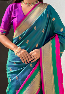 Saree lụa paithani màu xanh lá cây có họa tiết muniya truyền thống và đường viền satin thanh lịch cho một lễ kỷ niệm dân tộc phong phú và duyên dáng - Product Image 2