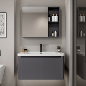 Set <span class=keywords><strong>Mobile</strong></span> Bagno in Alluminio Spaziale Moderno Grigio Scuro Opaco con Lavabo in Ceramica <span class=keywords><strong>e</strong></span> <span class=keywords><strong>Specchio</strong></span> con Vano Semi-Aperto - Product Image 4