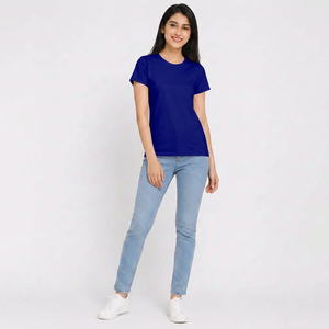 T-shirt en coton pour femme, bleu royal, col rond, manches courtes, coupe classique, couleur unie, tissu jersey respirant, à porter toute l'année - Product Image 1