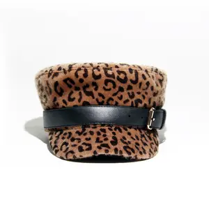 Autumn Fall Winter Cheetah Leopard Print Leisure Flat Top Navy Hat Leather Buckle New Mink Feather Korean Trend Ivy Hat Woman