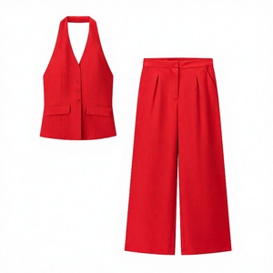 Ensemble 2 pièces tissé rouge uni pour femme, haut dos nu boutonné et pantalon large, décontracté, teint en pièce, 100 % polyester respirant, été - Product Image 2