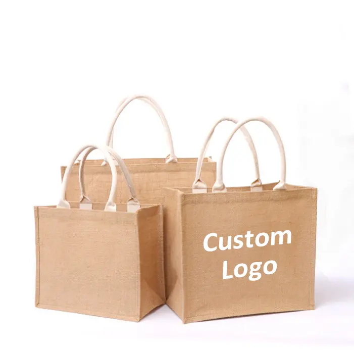 Bolsa de yute con logotipo personalizado laminado ecológico, bolsa de playa de lino reciclado de arpillera Natural, bolsas de compras de arpillera para regalos
