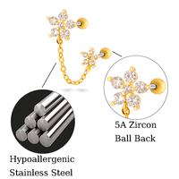 Boucles d'oreilles Maina en acier inoxydable à longue chaîne double barre, zircon 5A, piercing externe pour lobe d'oreille, cartilage, tragus, hélix