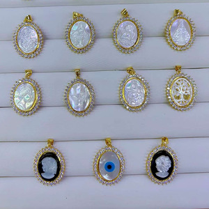 CZ8826 Vintage 18k plaqué or CZ pavé sculpté nacre <span class=keywords><strong>camée</strong></span> <span class=keywords><strong>ange</strong></span> médaillon pendentif à breloque, pendentifs de bijoux catholiques - Product Image 1