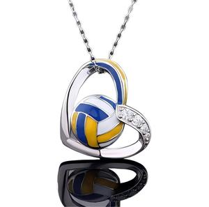 Nouveau <span class=keywords><strong>Collier</strong></span> Pendentif Cœur de Volleyball en Alliage de Cuivre Blanc avec Diamant, Accessoire Sportif Simple - Product Image 1