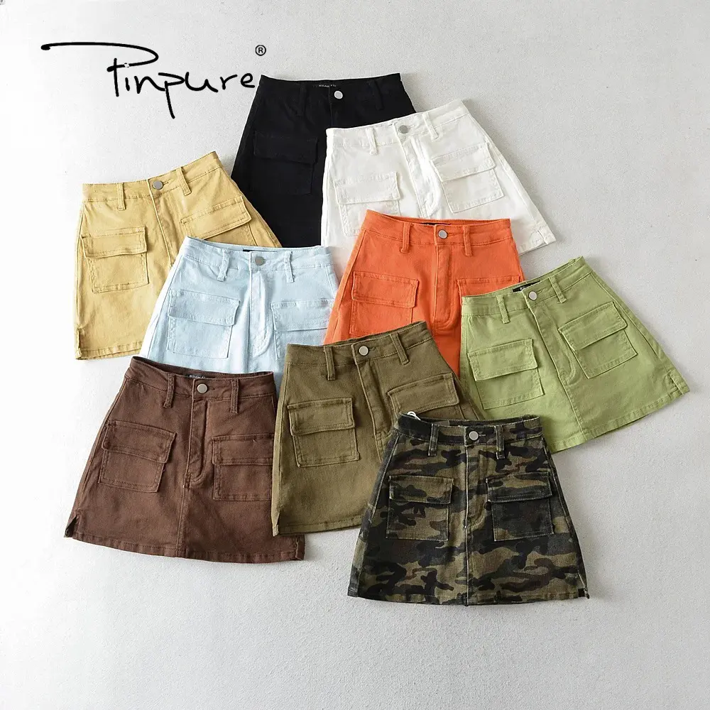 R30029S High wiasted cargo skirts for women vintage black mini jean skirts womens 2023 Summer pockets denim skirt with shorts