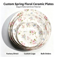 Ensemble de plats à dîner en céramique avec motif de fleurs de printemps personnalisé, assiettes plates en porcelaine de 8, 10 et 12 pouces pour la maison, le restaurant et les fêtes