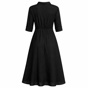 <span class=keywords><strong>Robe</strong></span> chemise midi ajustée à <span class=keywords><strong>col</strong></span> pointu en lin et coton mélangé noir pour femme, coupe trapèze, décontractée et élégante - Product Image 2