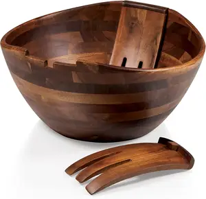 带有服务叉的相思木沙拉碗套装，当连接到大型相思木碗时，坚固耐用