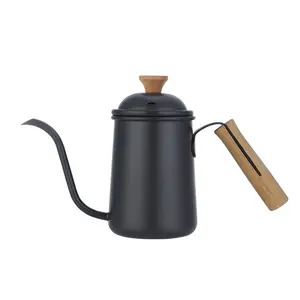 Outils à café de haute qualité 650ml bouilloire à café noire avec poignée en bois et couvercle théière en acier inoxydable 304